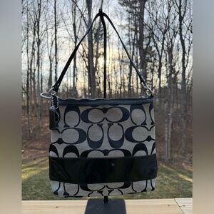 Coach Signature Stripe Black and Gray Shoulder Bag with Coach Charm & Hangtag
